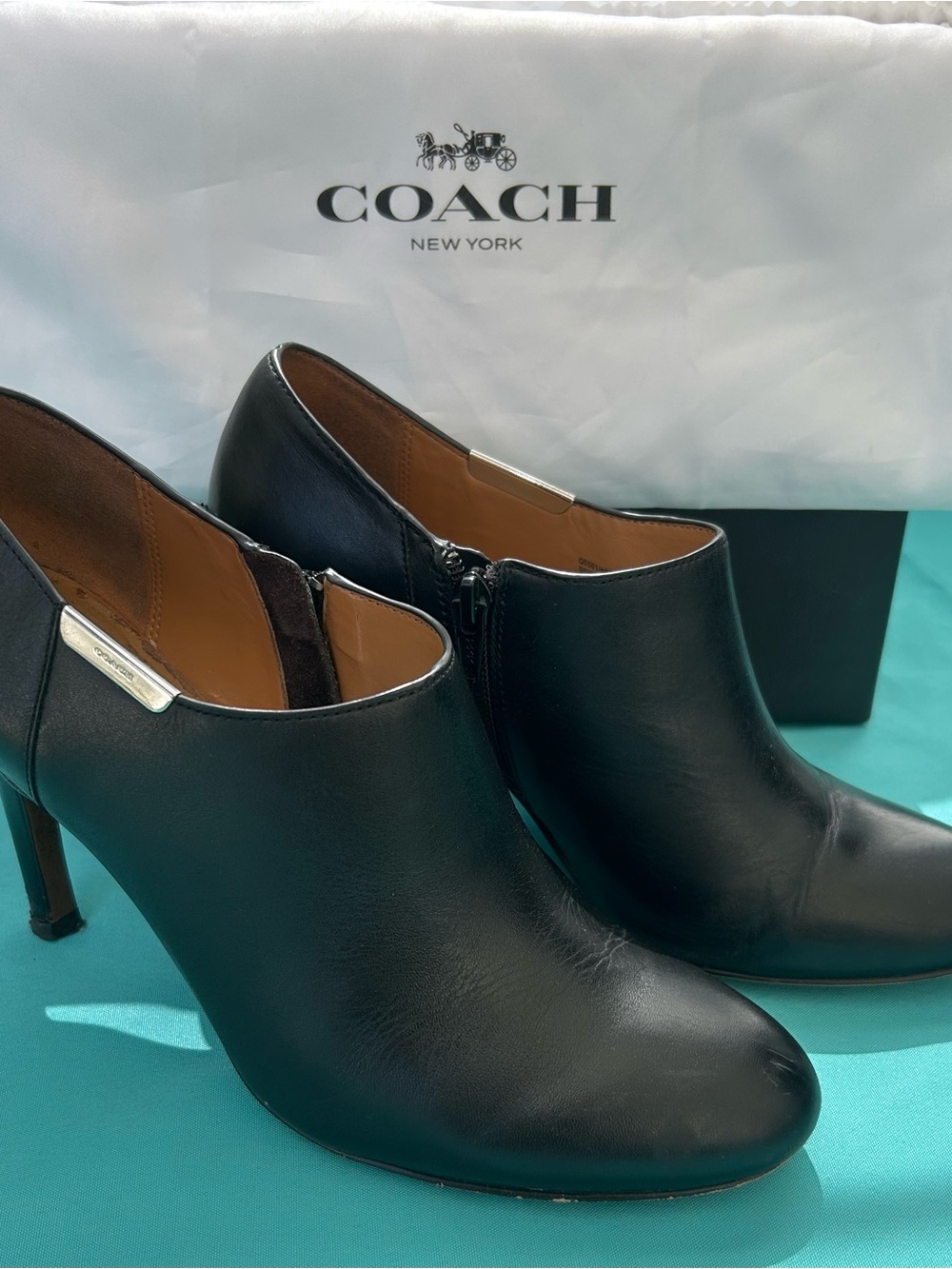 Coach Black Leather Heeled Ankle Booties Heel - 3.5” Size 8.5